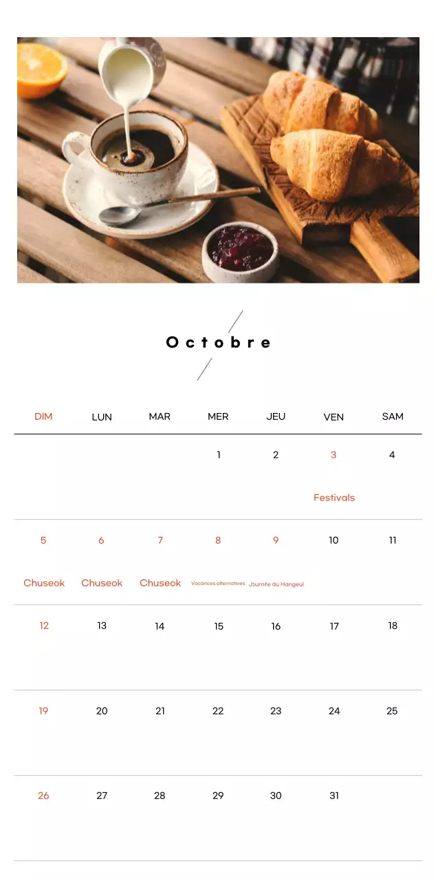 Calendrier minimaliste pour le café