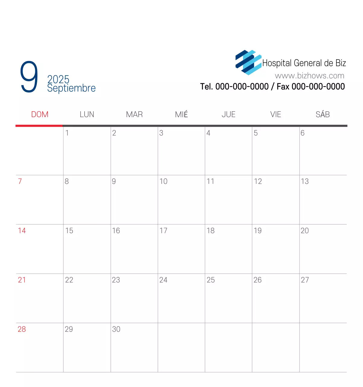 Calendario promocional Hospital Navy White Simple