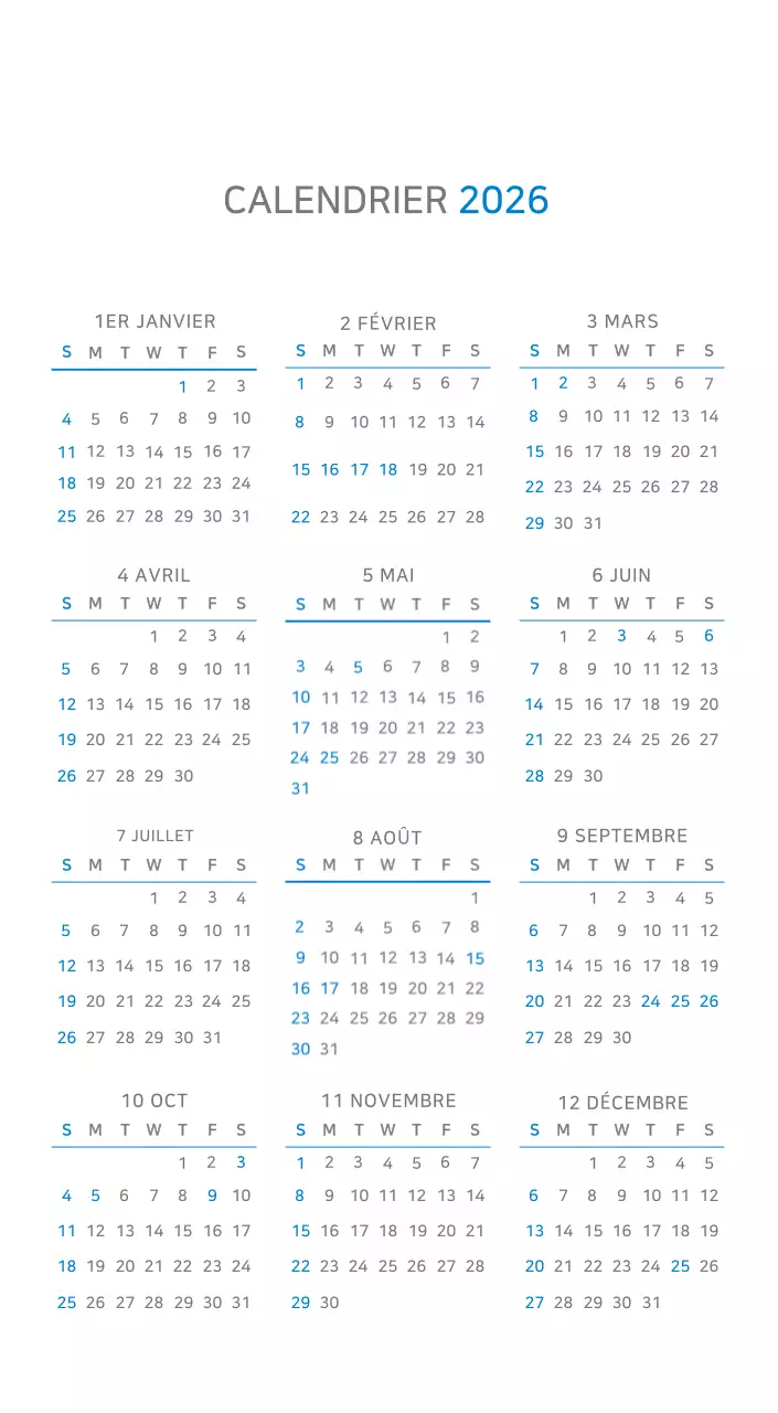 Calendrier minimaliste bleu
