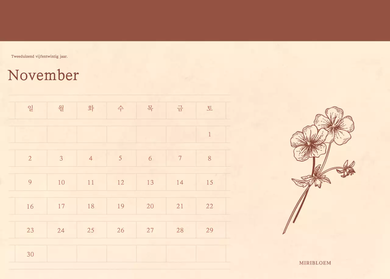 Een sentimentele bloemenkalender in lichtbruin en bruin geweven papierconcept