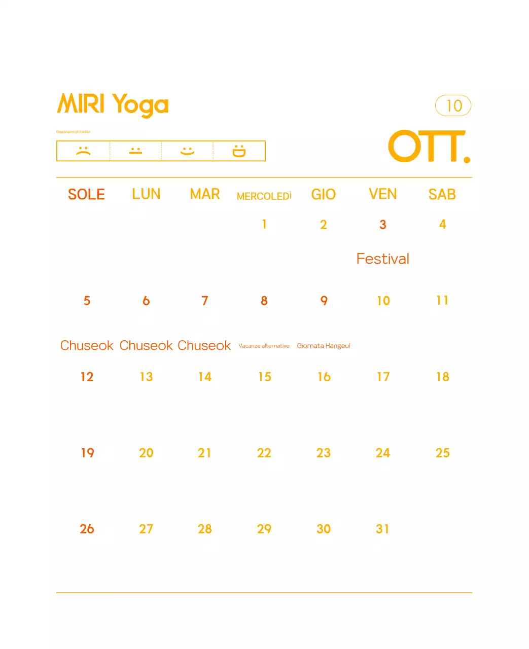 Calendario promozionale arancione dello yoga minimalista