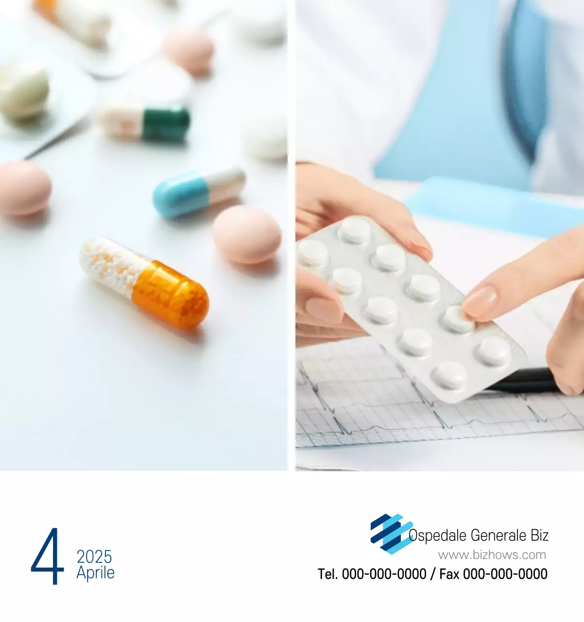 Calendario promozionale dell'ospedale semplice, bianco e blu