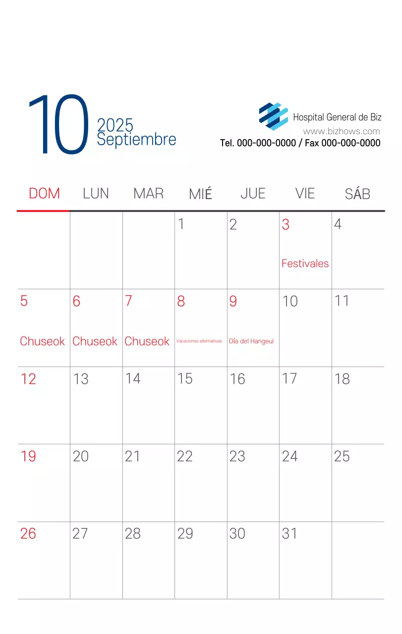 Calendario promocional Hospital Navy White Simple