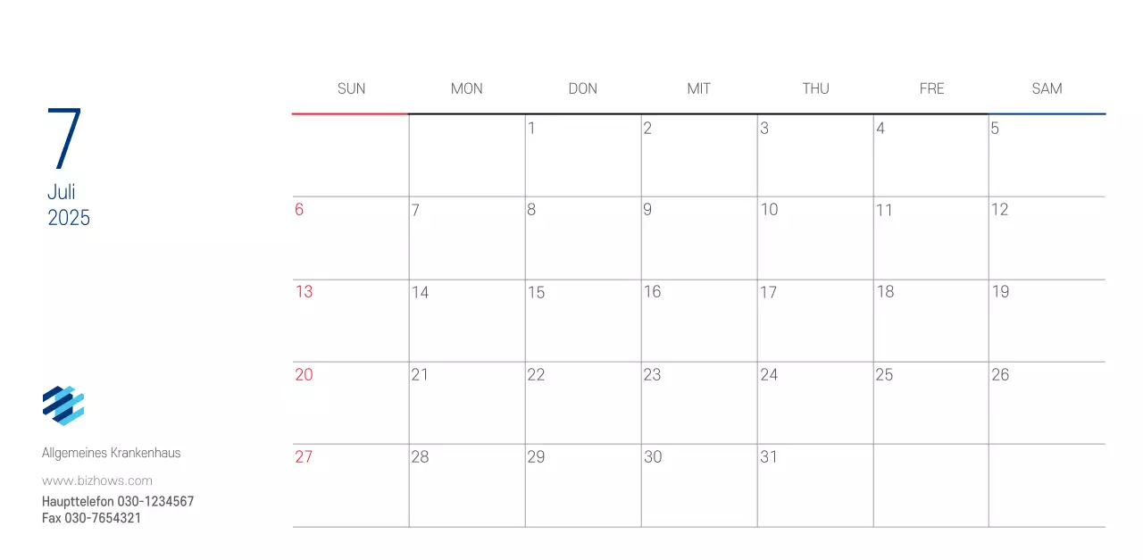 Marineblauer einfacher Krankenhaus-Werbekalender