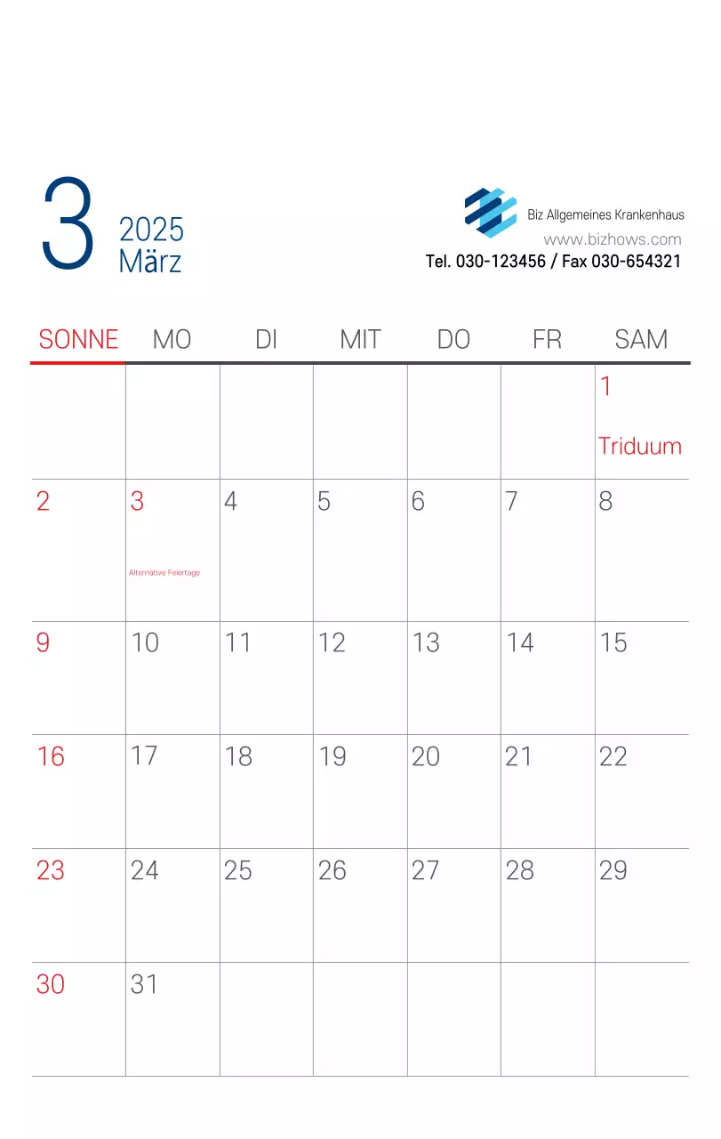 Marineblauer einfacher Krankenhaus-Werbekalender