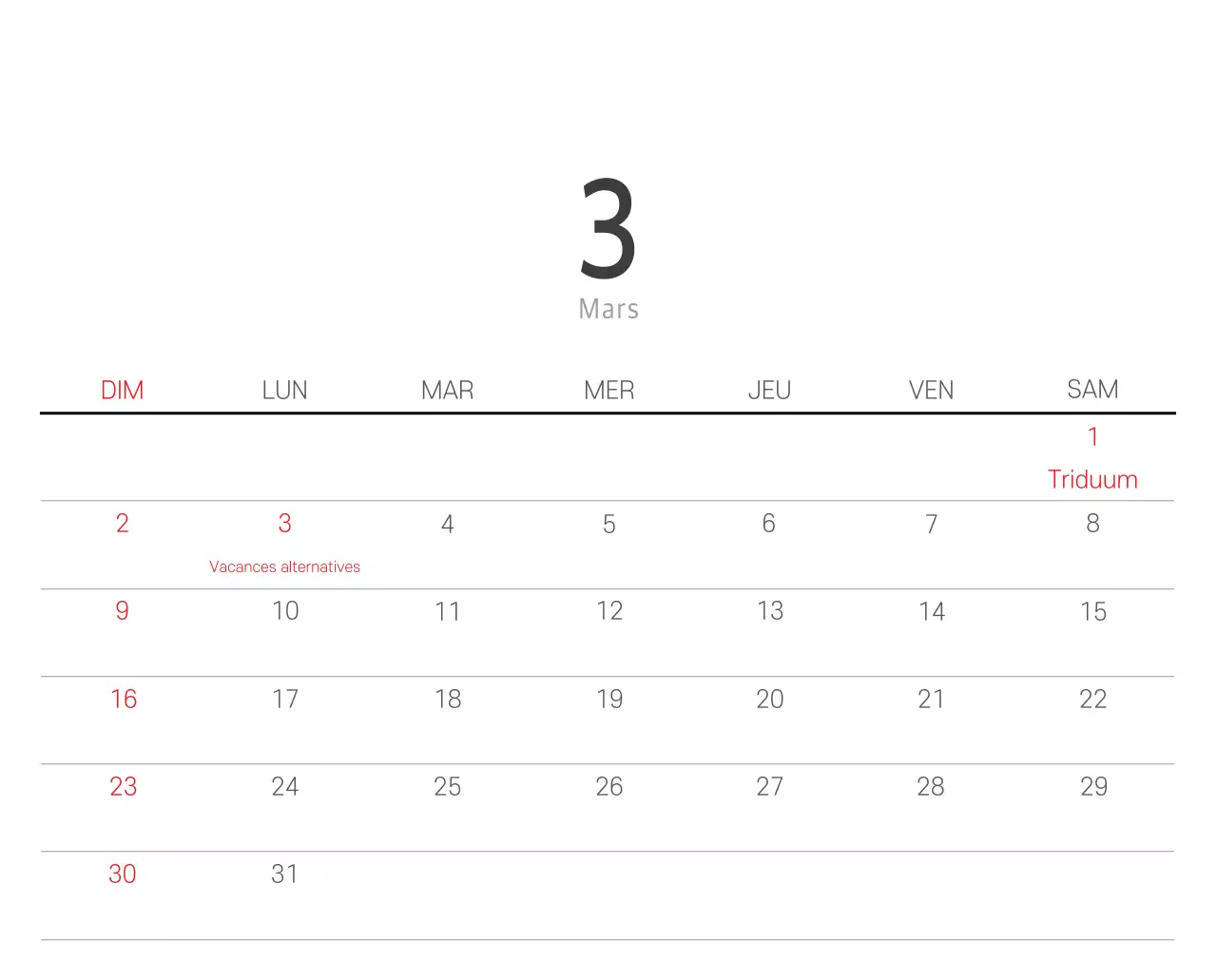 Calendrier botanique blanc et propre
