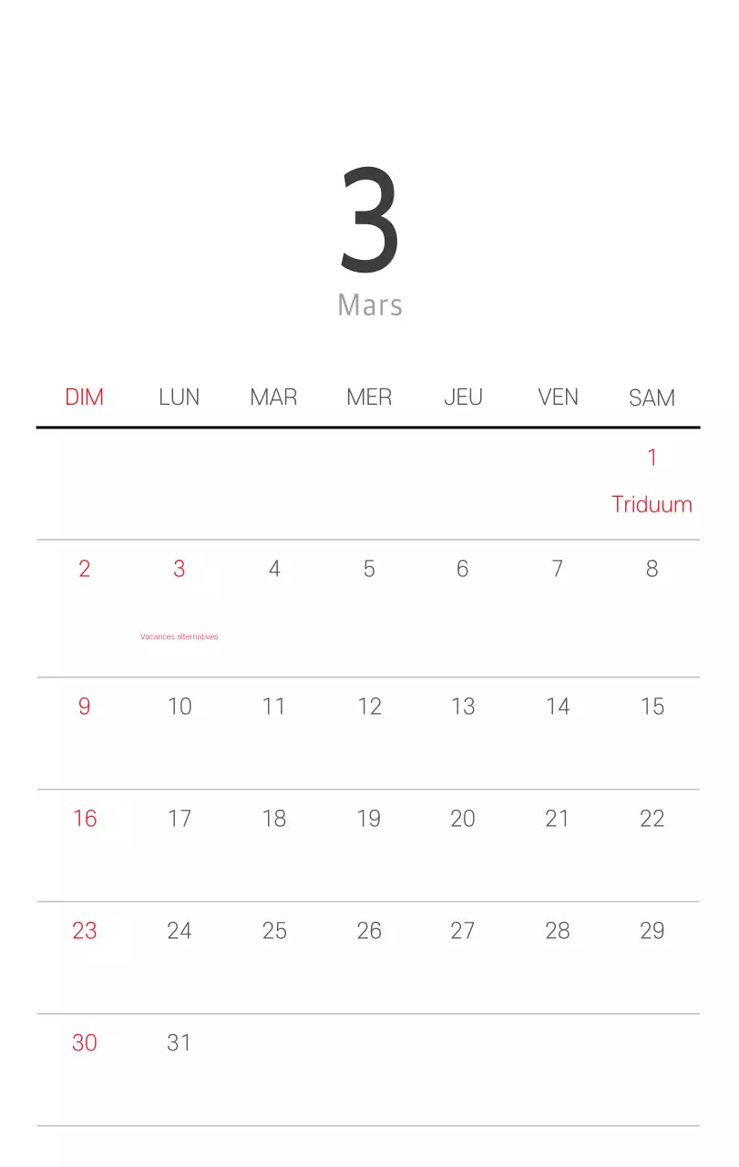 Calendrier botanique blanc et propre