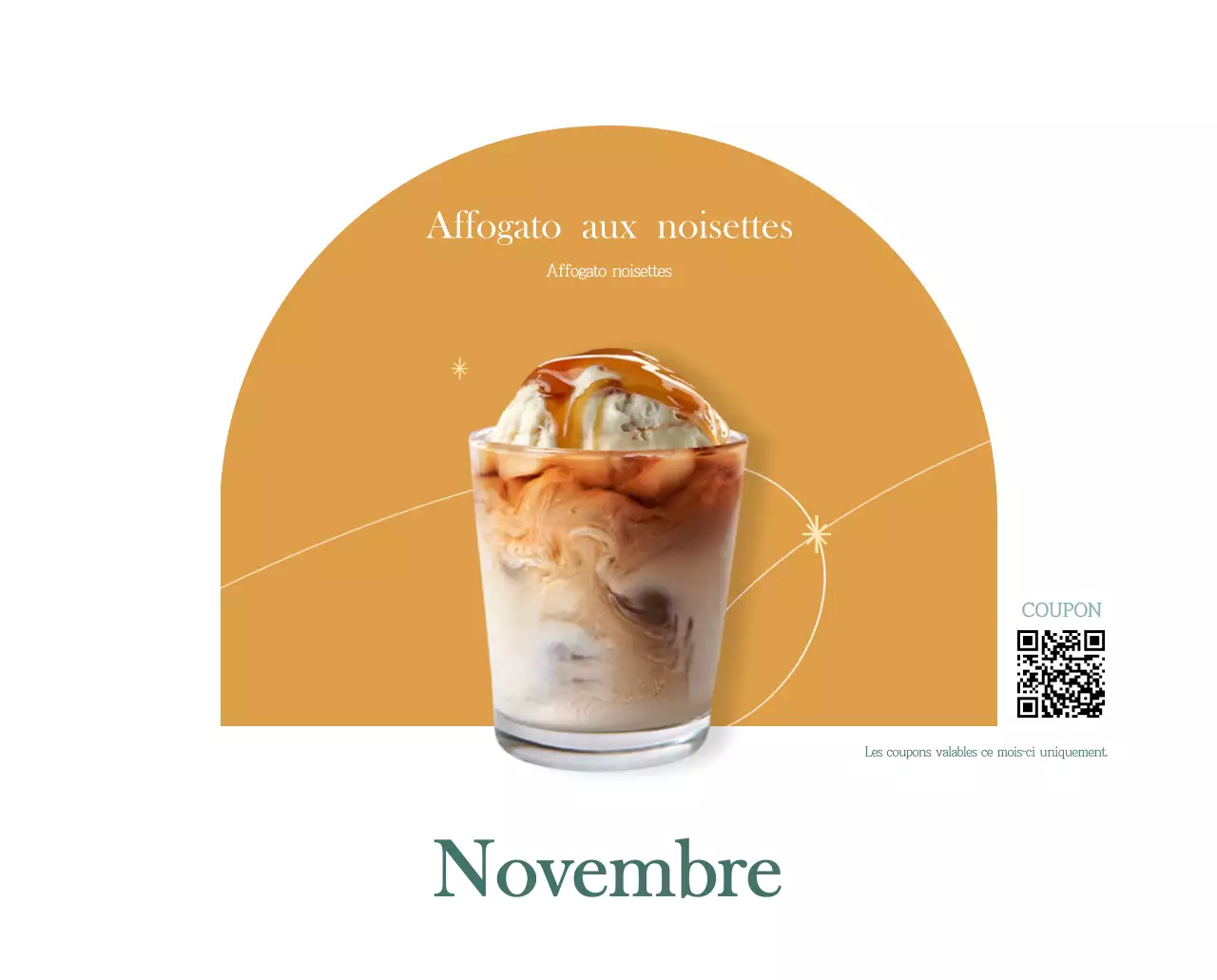 Un calendrier moderne pour les cafés avec des recommandations sur la boisson du mois.