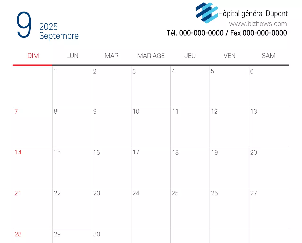 Calendrier promotionnel d'hôpital simple blanc marine