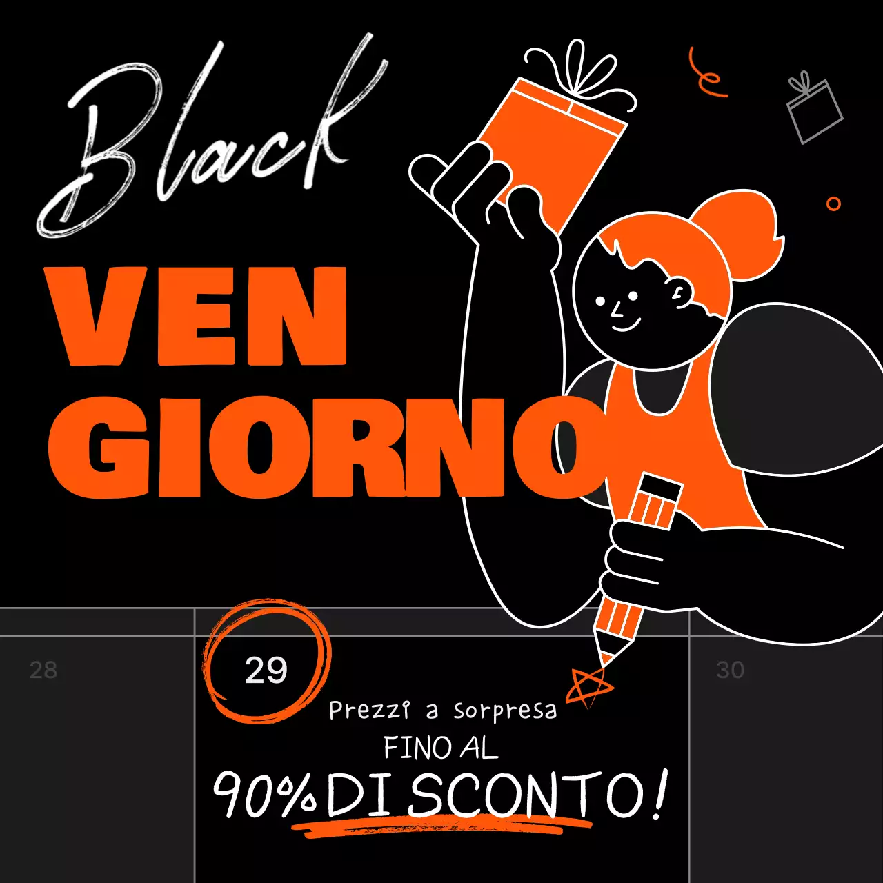 Promuovete una vendita kitsch del Black Friday in arancione e nero