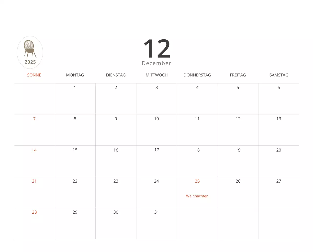 Beigefarbener minimalistischer Innenkalender