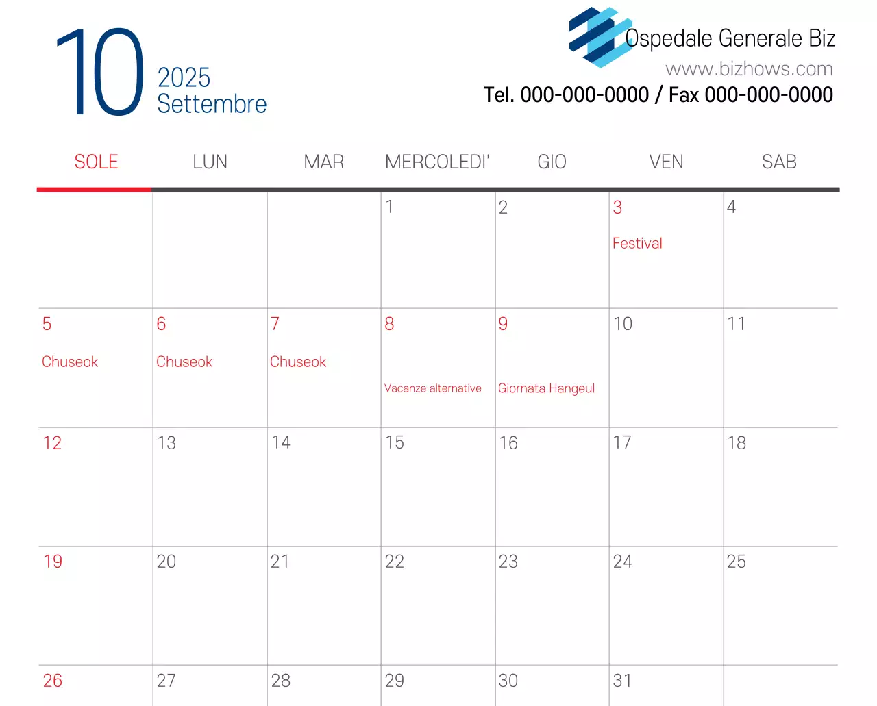 Calendario promozionale dell'ospedale semplice, bianco e blu