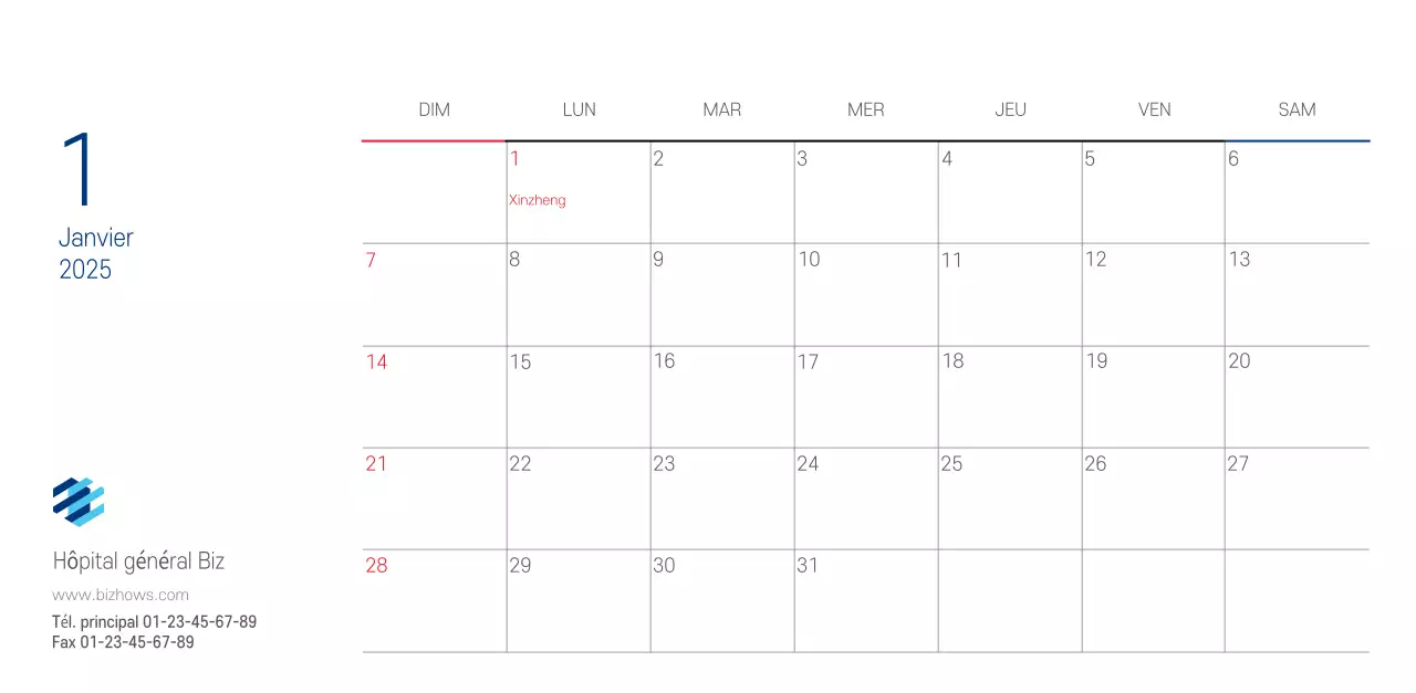 Calendrier promotionnel d'hôpital simple blanc marine