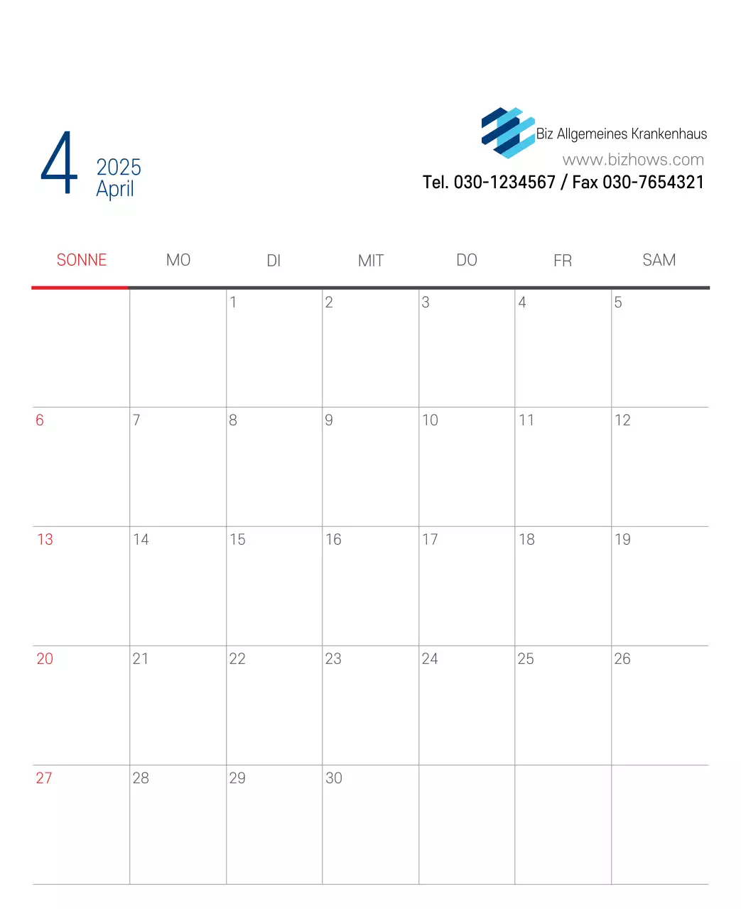 Marineblauer einfacher Krankenhaus-Werbekalender