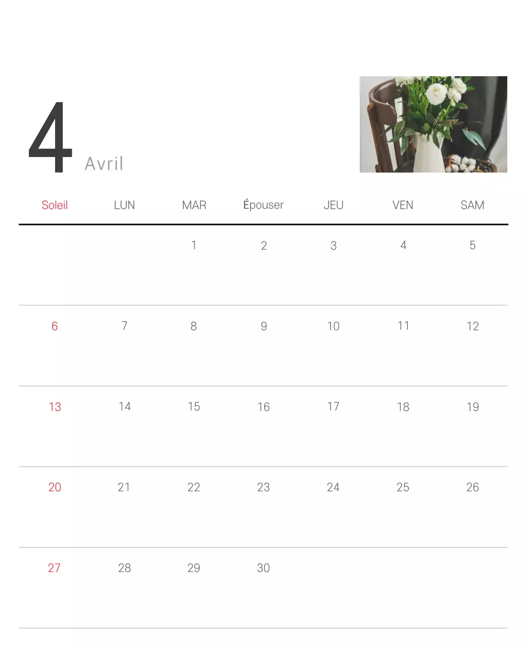 Calendrier botanique blanc et propre