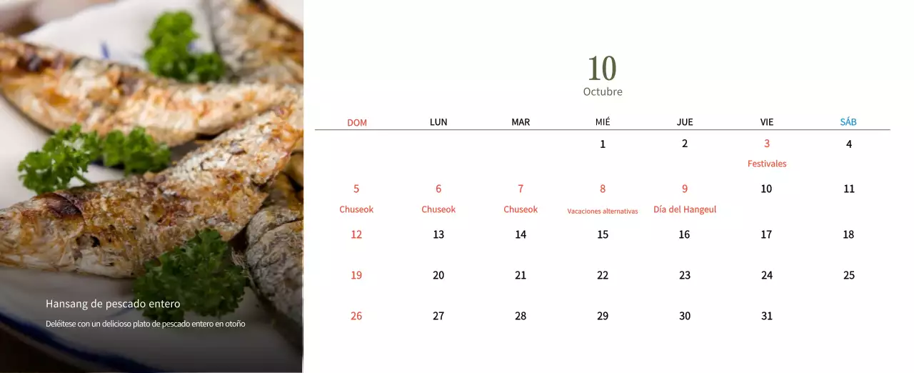 Calendario de comidas tradicionales en beige