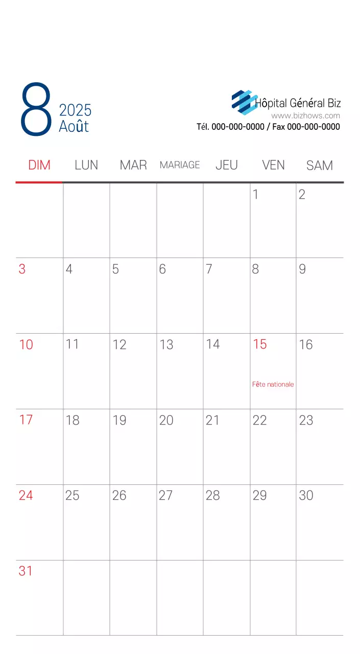 Calendrier promotionnel d'hôpital simple blanc marine