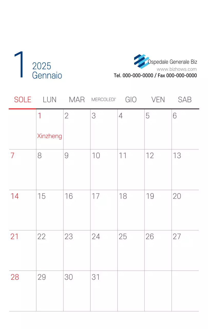 Calendario promozionale dell'ospedale semplice, bianco e blu
