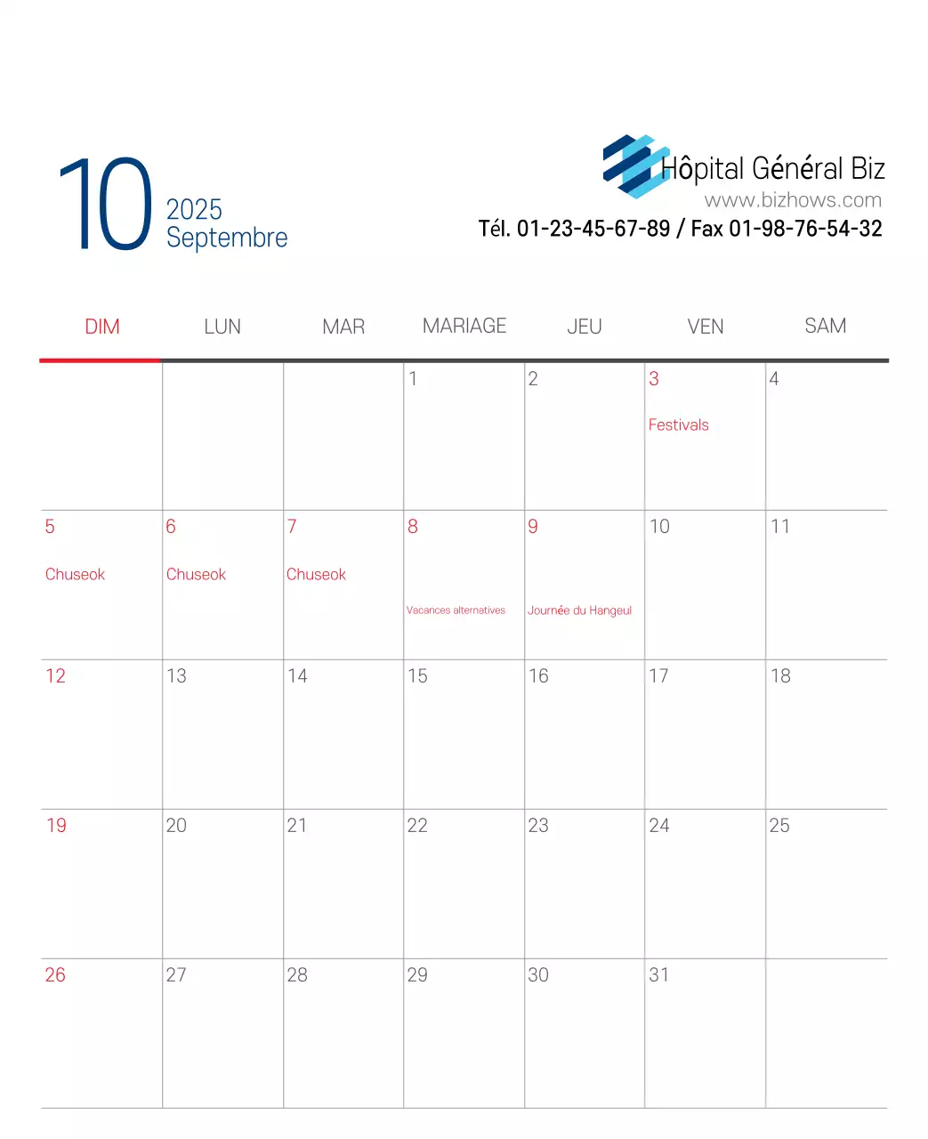 Calendrier promotionnel d'hôpital simple blanc marine