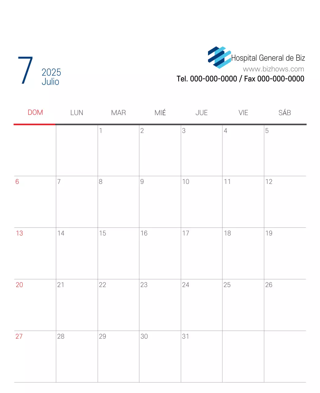 Calendario promocional Hospital Navy White Simple