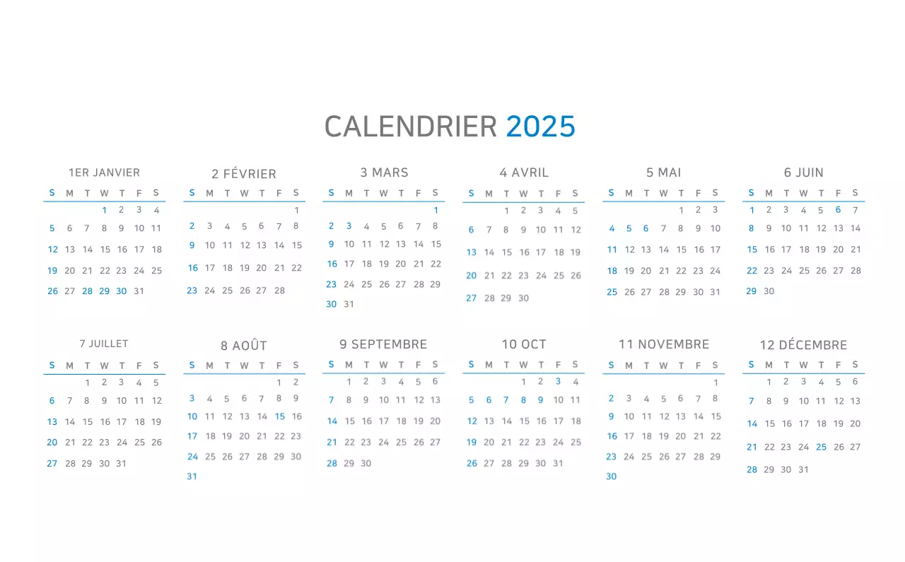 Calendrier minimaliste bleu