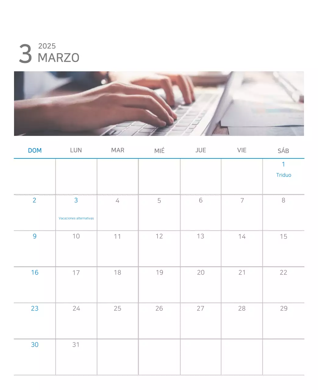 Calendario moderno azul