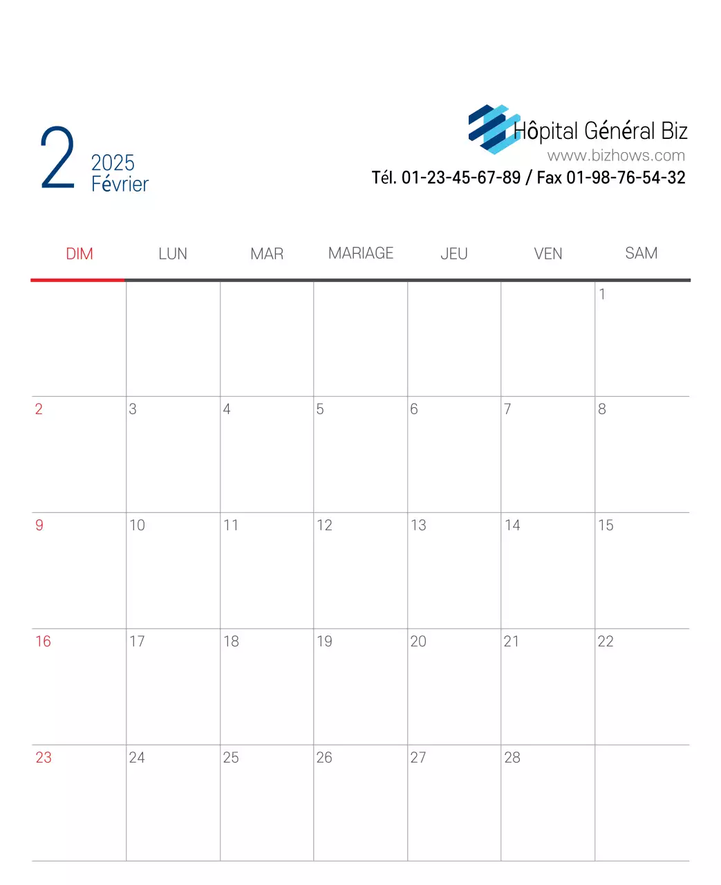 Calendrier promotionnel d'hôpital simple blanc marine