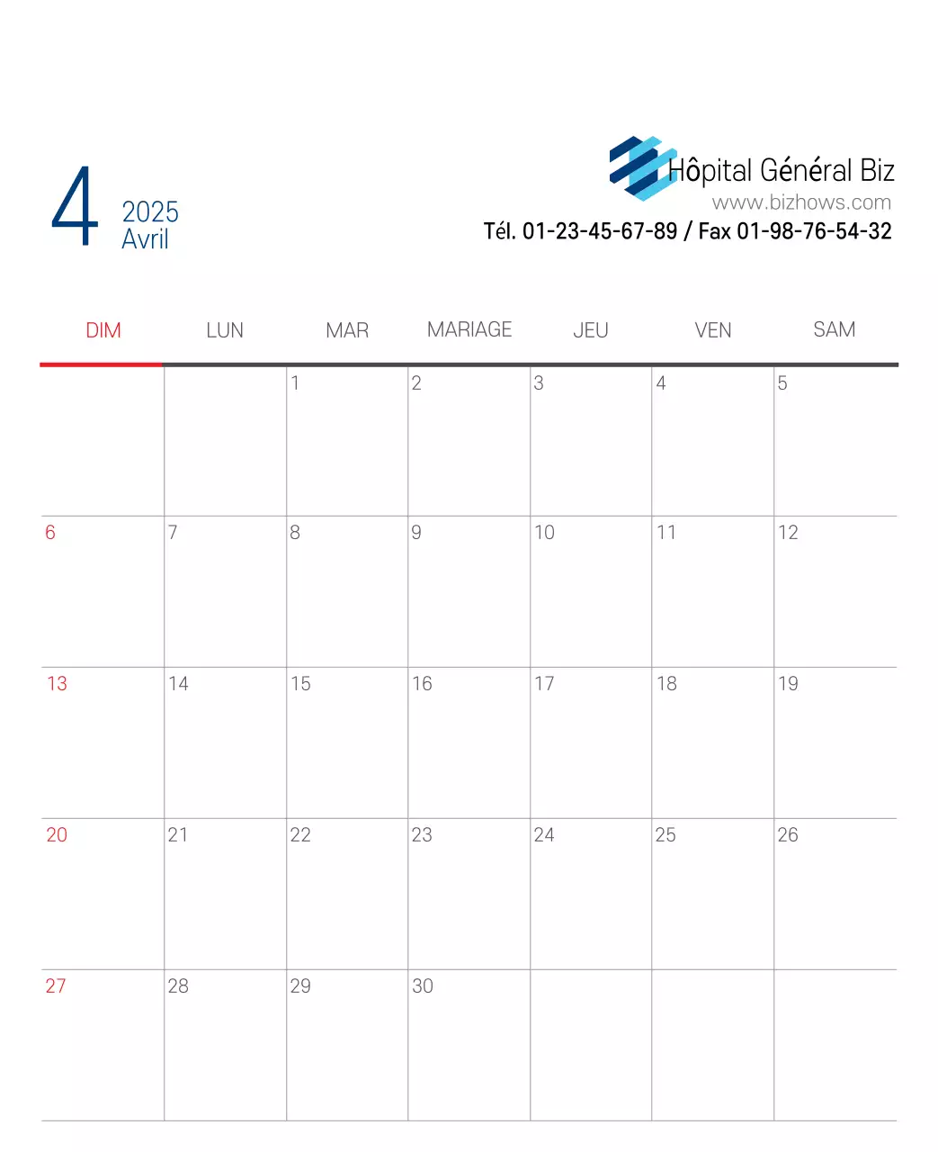 Calendrier promotionnel d'hôpital simple blanc marine