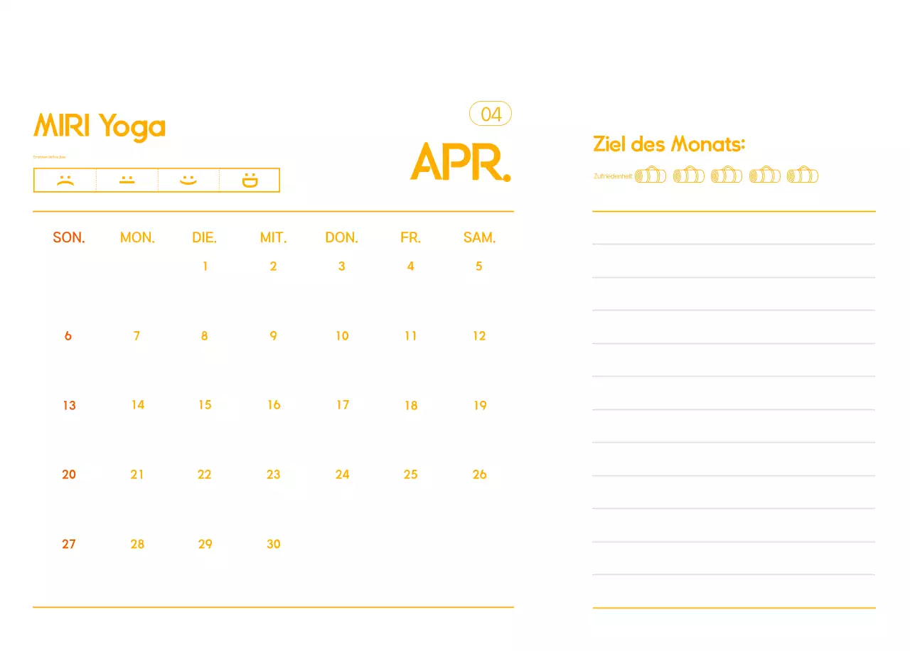 Orange Minimalistischer Yoga-Aktionskalender