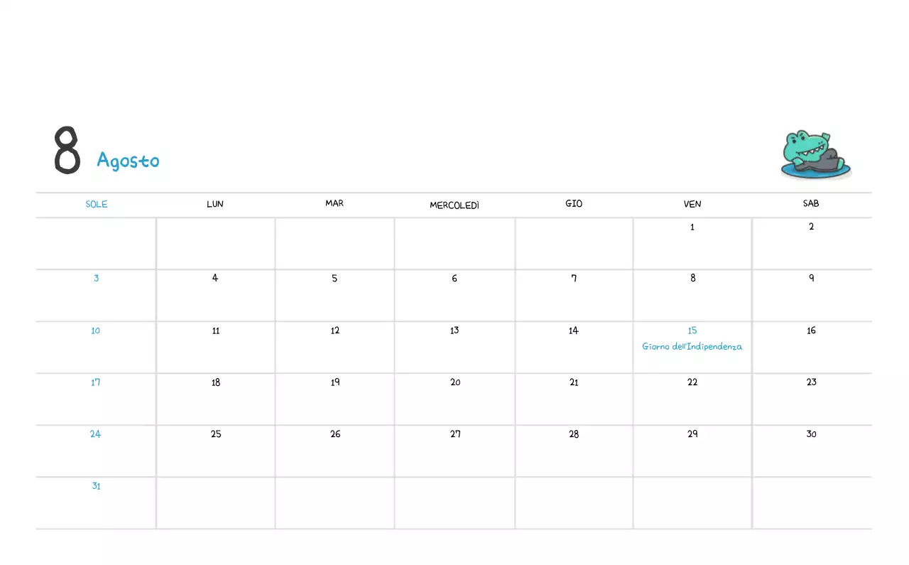 Un calendario con un simpatico concetto di illustrazione di Ago