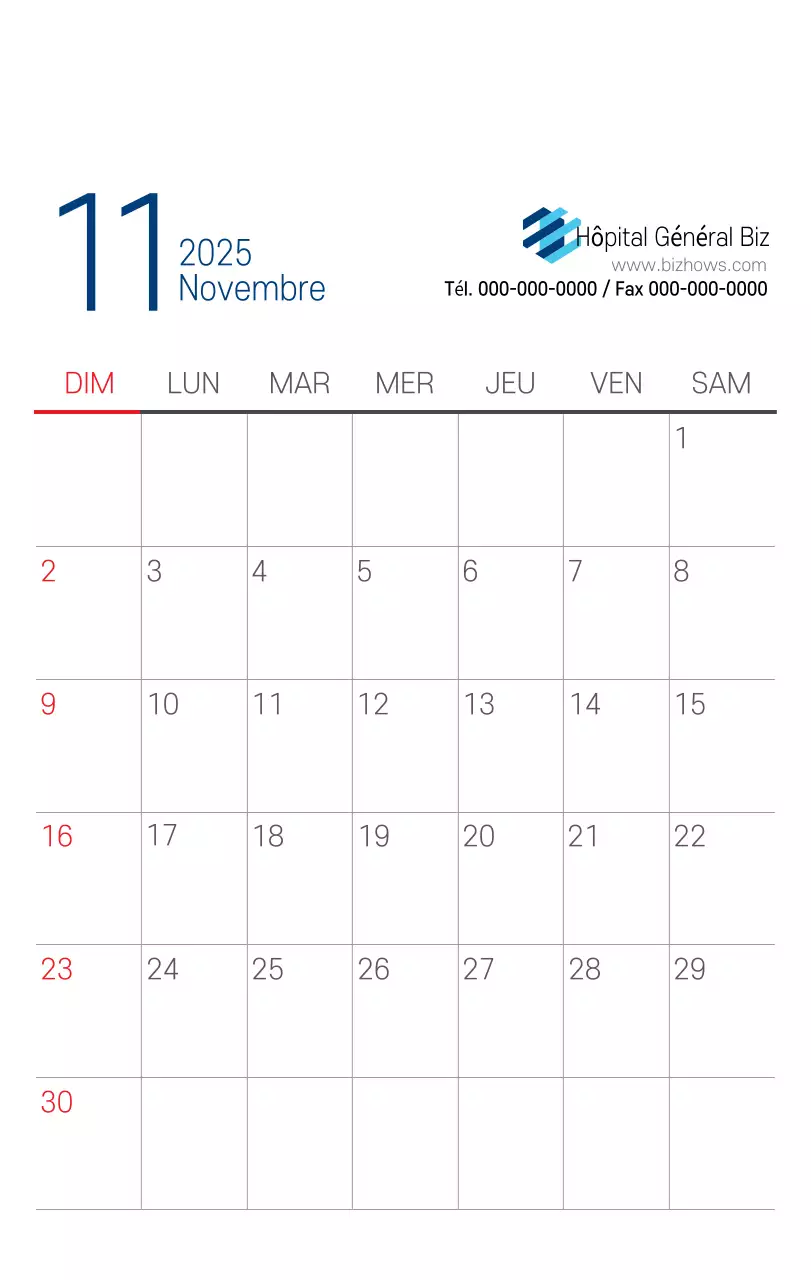 Calendrier promotionnel d'hôpital simple blanc marine