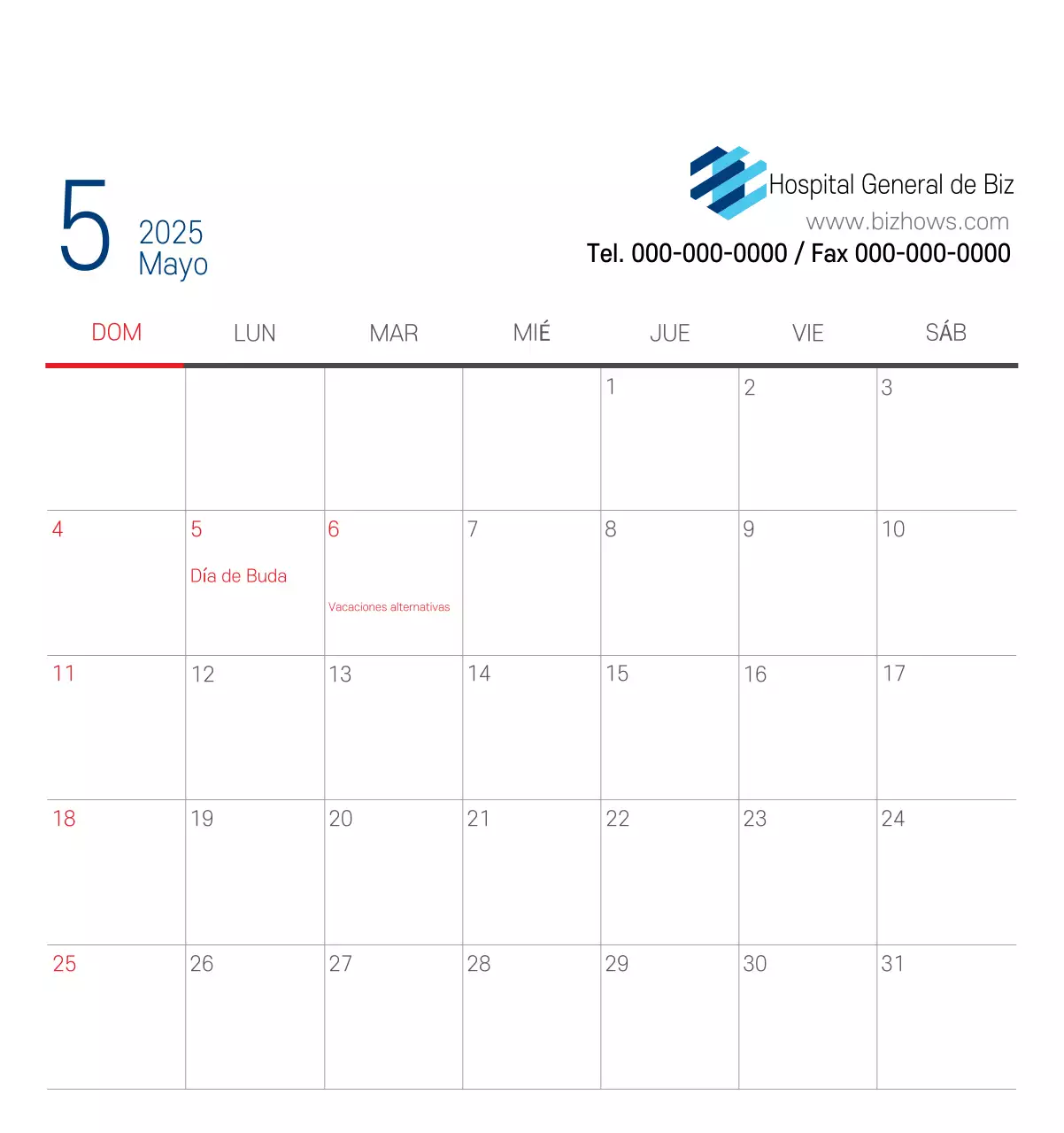 Calendario promocional Hospital Navy White Simple