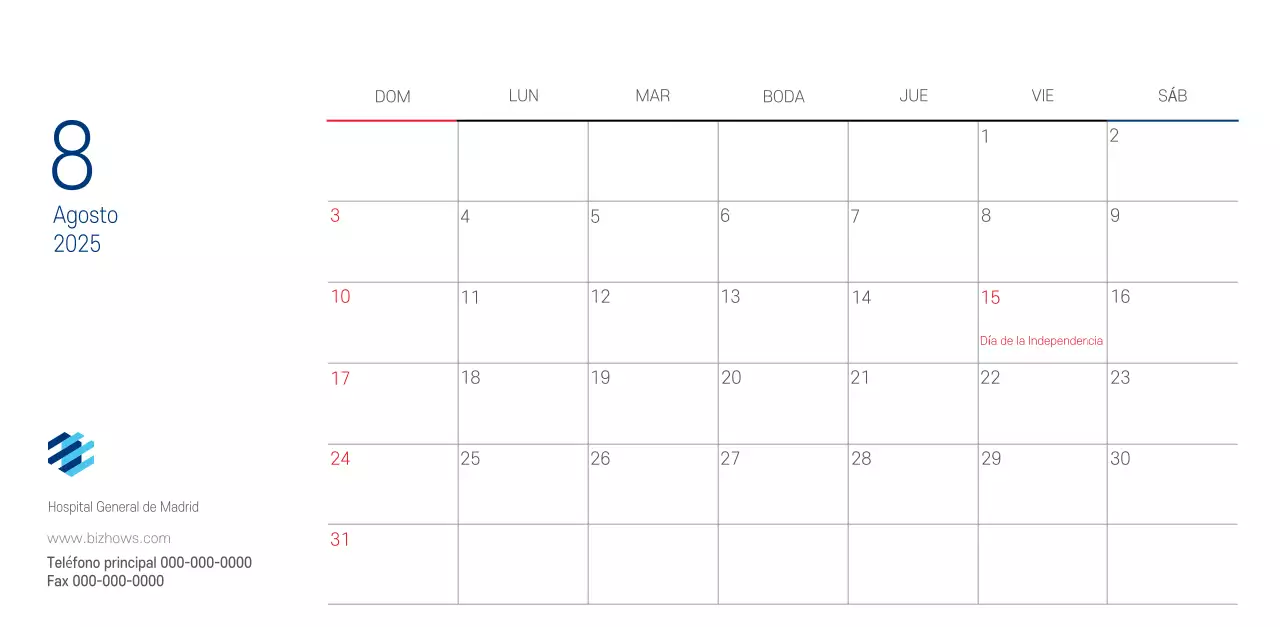 Calendario promocional Hospital Navy White Simple