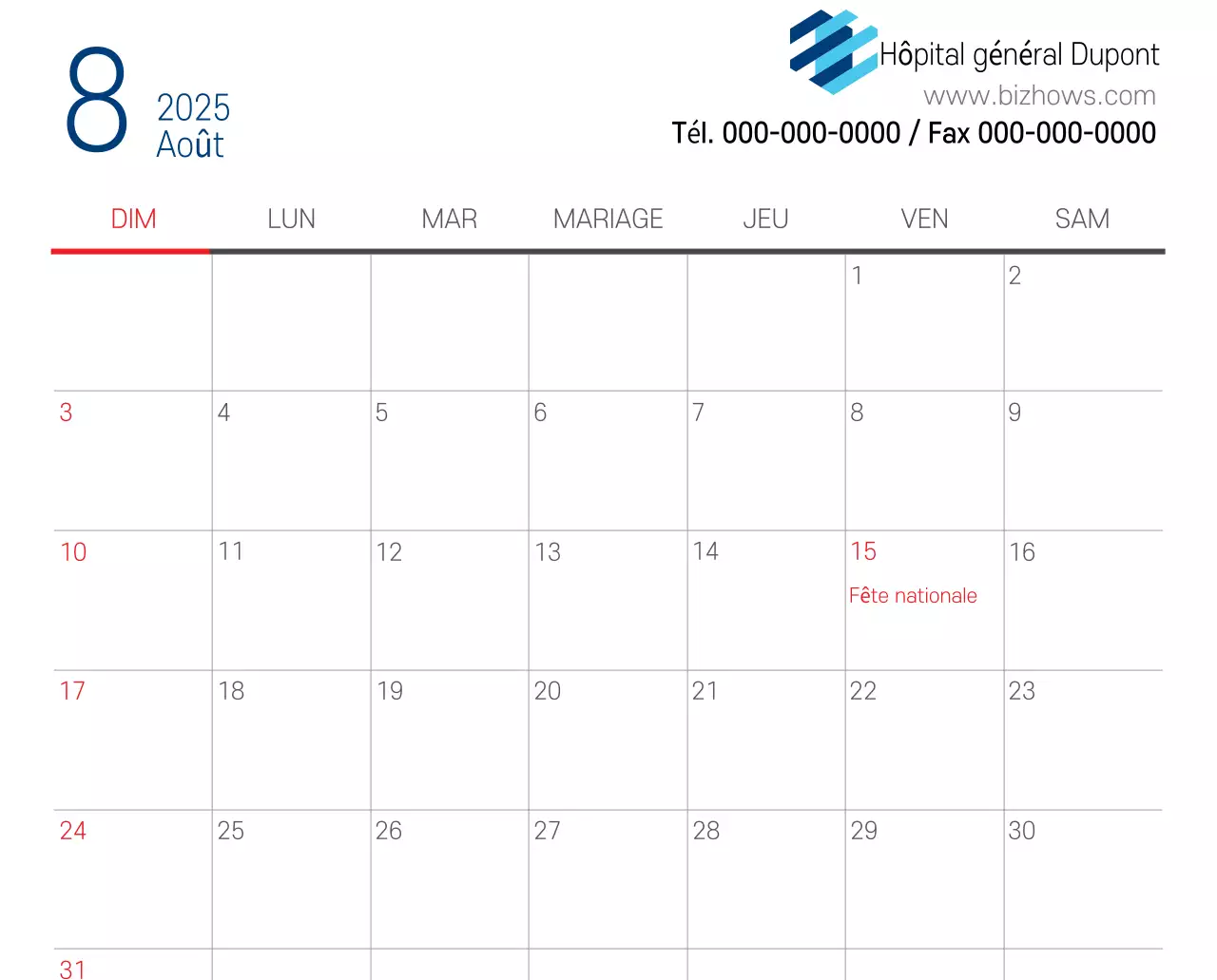 Calendrier promotionnel d'hôpital simple blanc marine