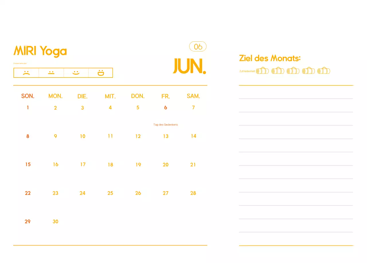 Orange Minimalistischer Yoga-Aktionskalender