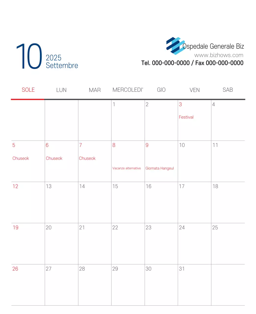 Calendario promozionale dell'ospedale semplice, bianco e blu