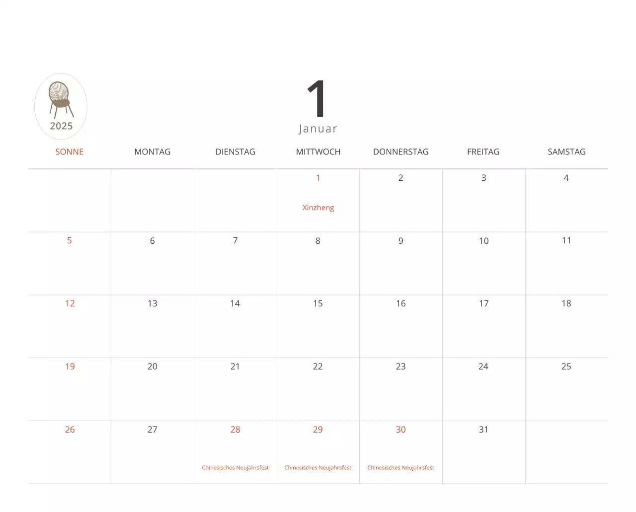 Beigefarbener minimalistischer Innenkalender