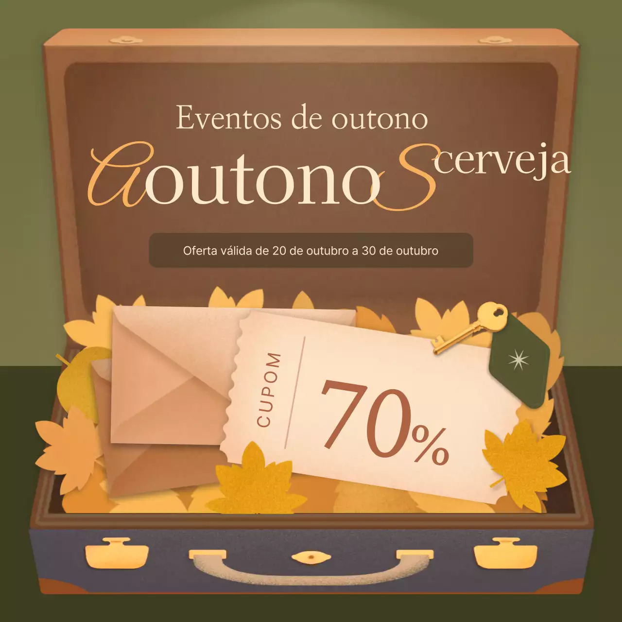 Promover uma oferta de cupões outonal e vintage em caqui e castanho