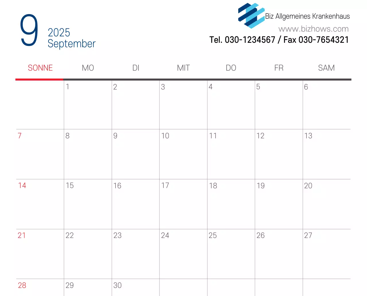 Marineblauer einfacher Krankenhaus-Werbekalender