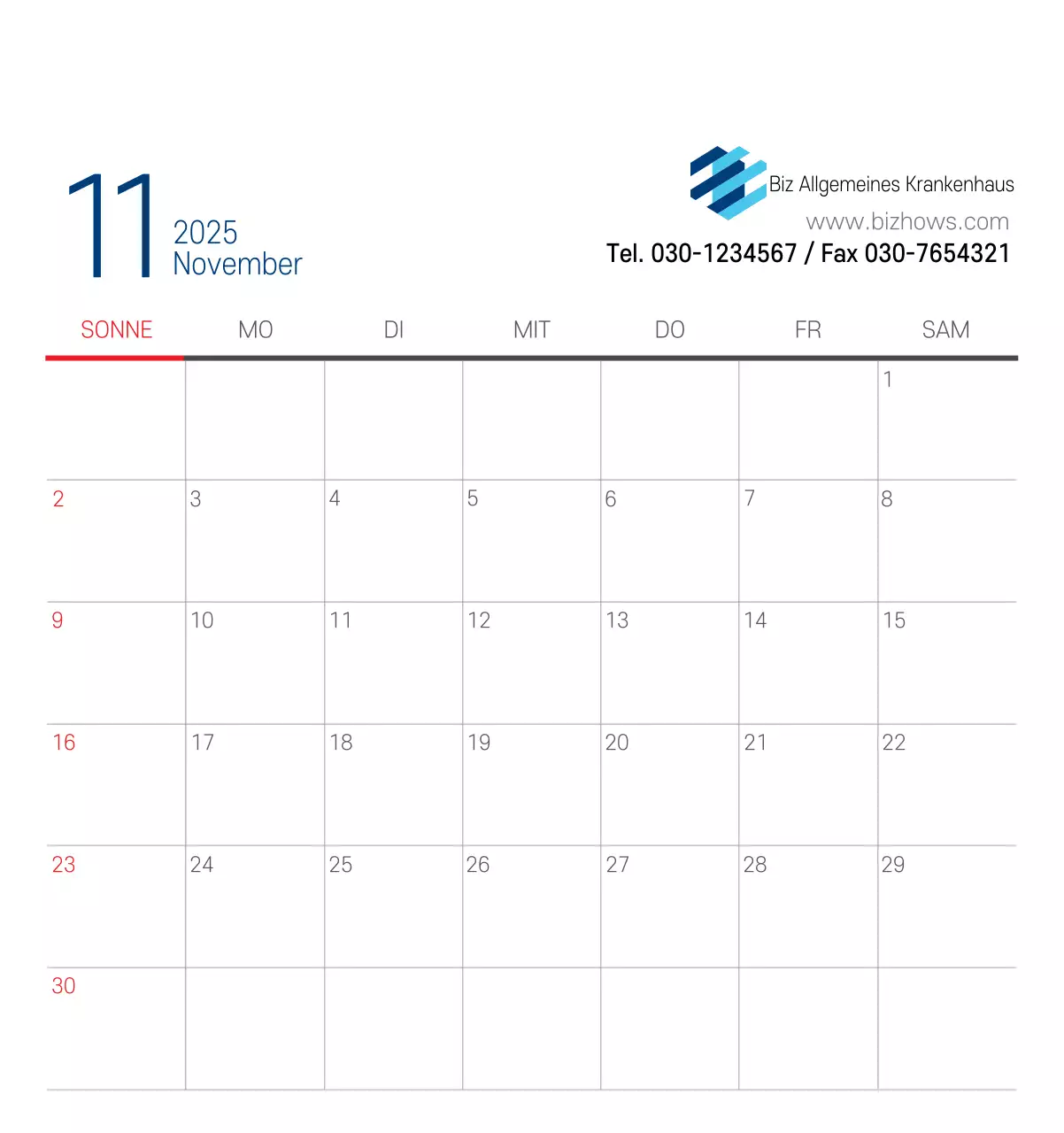 Marineblauer einfacher Krankenhaus-Werbekalender