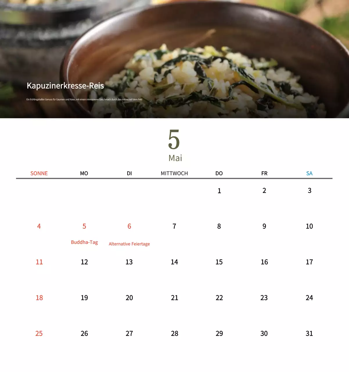 Beige Traditioneller Speisekalender