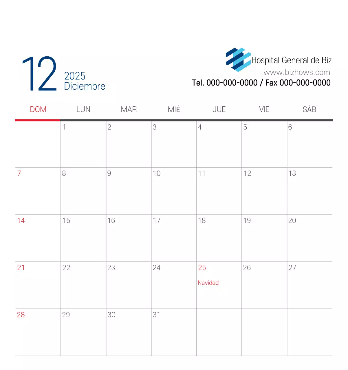 Calendario promocional Hospital Navy White Simple