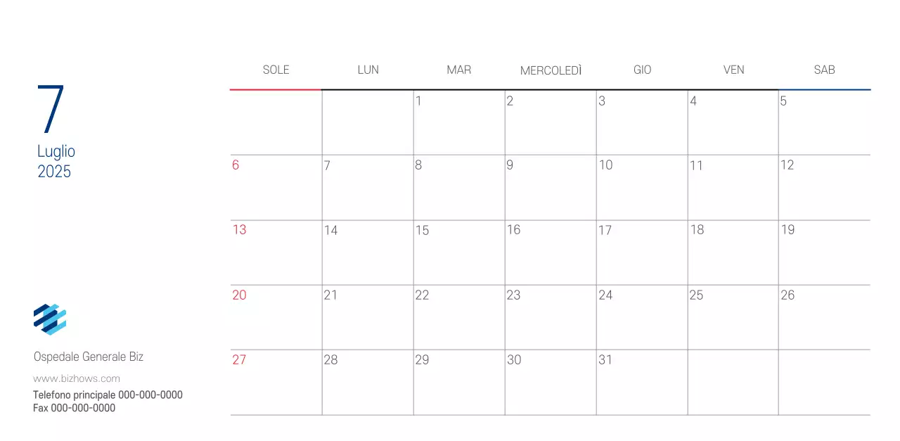 Calendario promozionale dell'ospedale semplice, bianco e blu