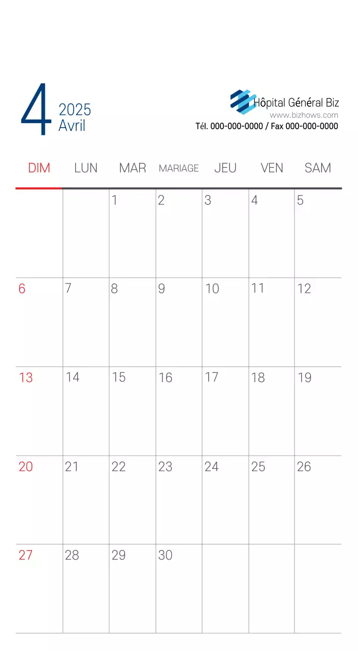 Calendrier promotionnel d'hôpital simple blanc marine