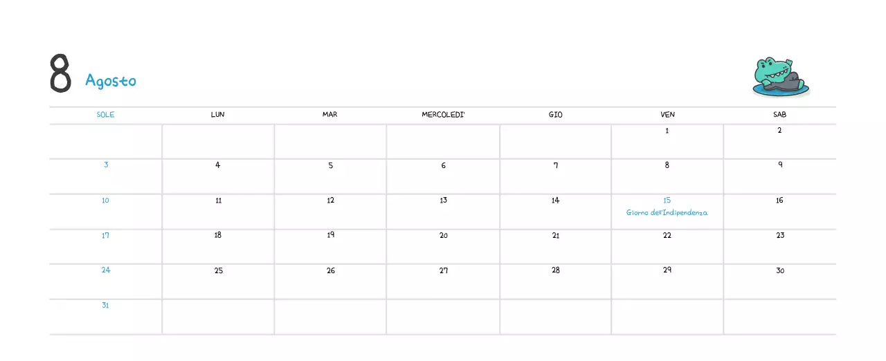 Un calendario con un simpatico concetto di illustrazione di Ago