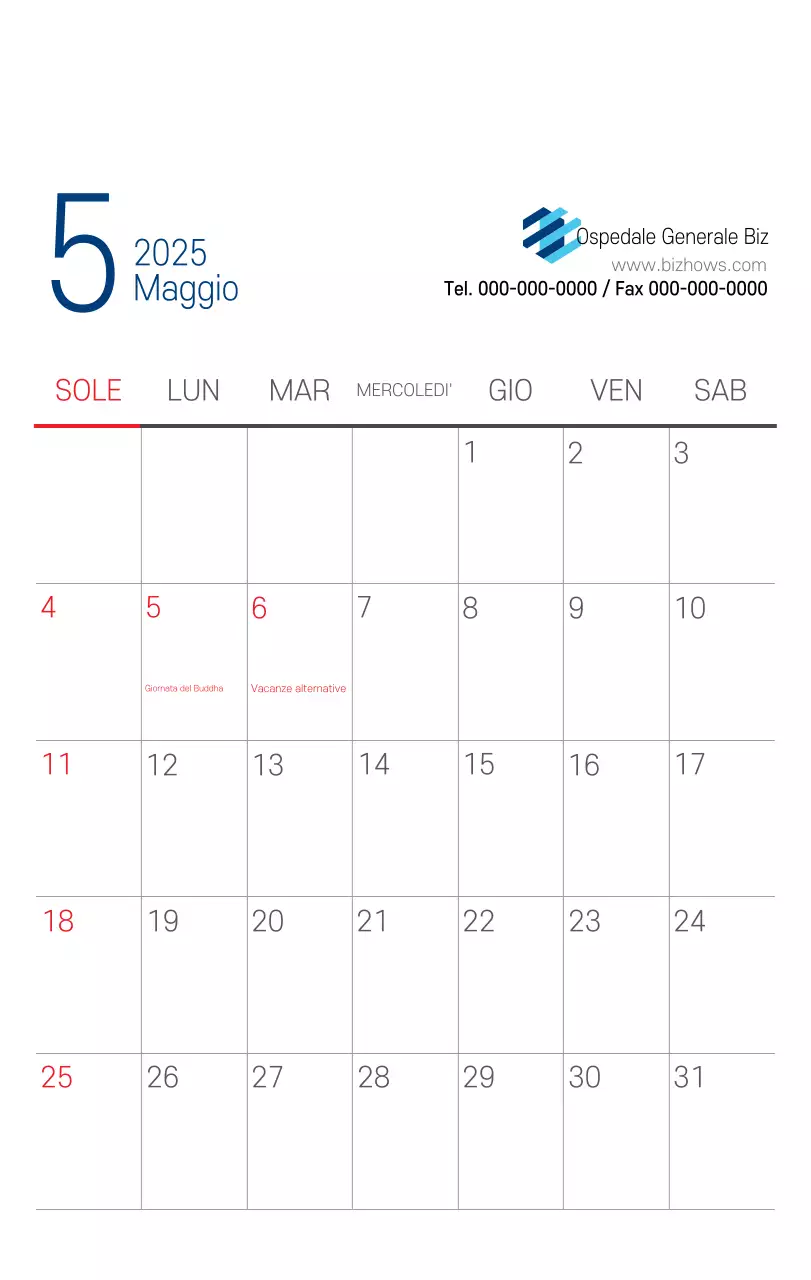 Calendario promozionale dell'ospedale semplice, bianco e blu