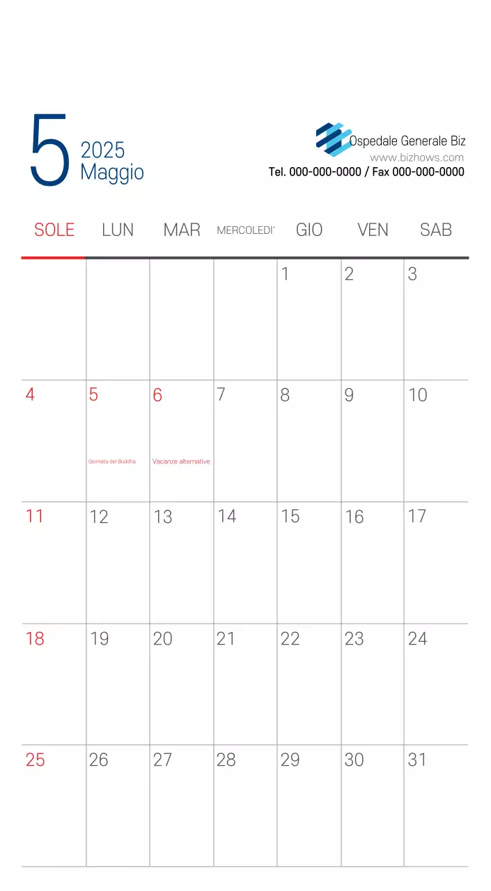 Calendario promozionale dell'ospedale semplice, bianco e blu