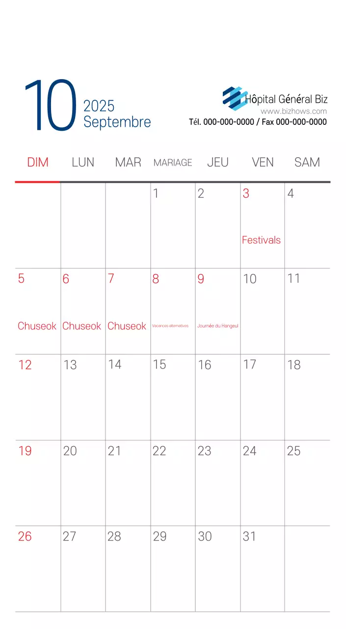 Calendrier promotionnel d'hôpital simple blanc marine