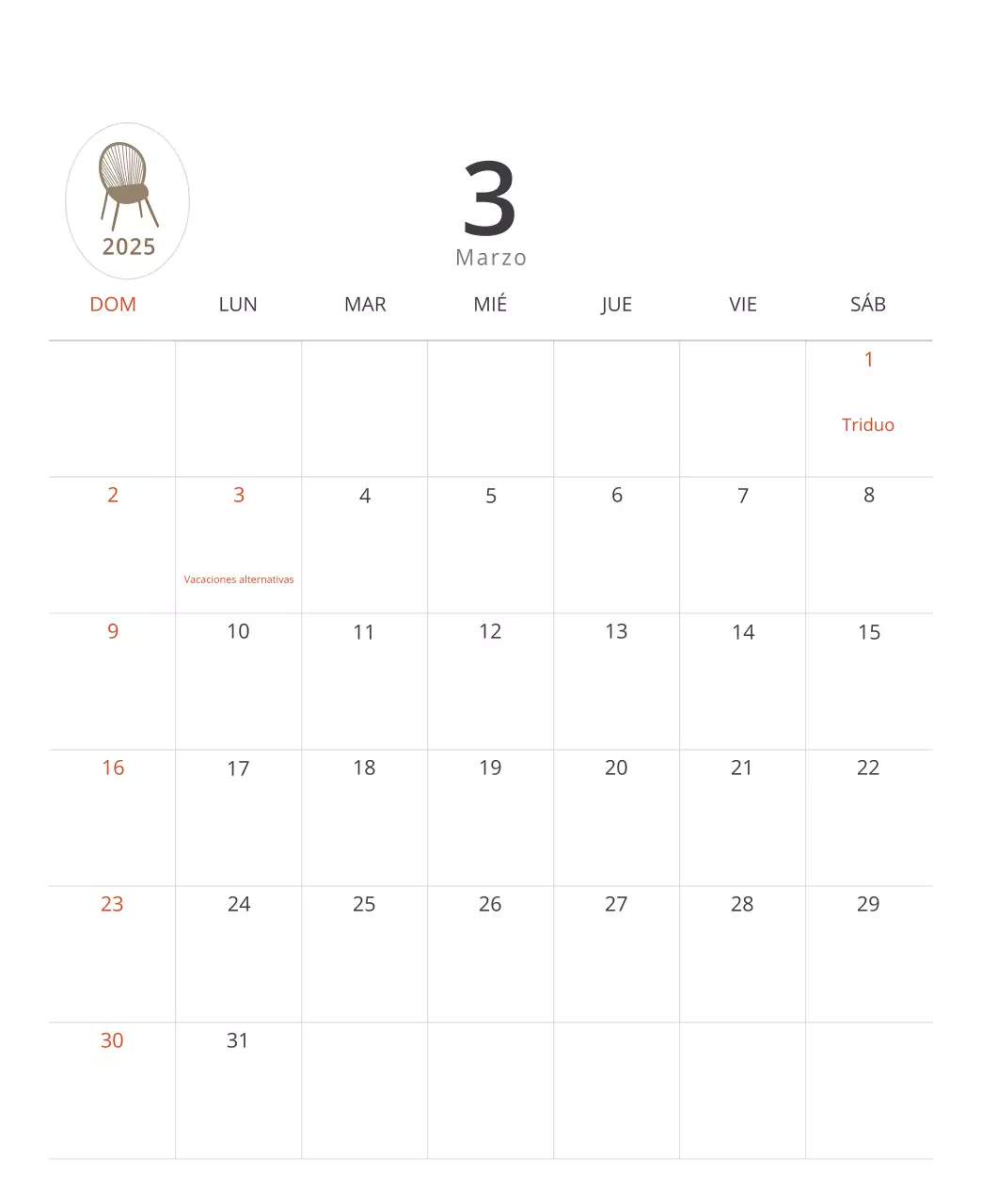 Calendario interior minimalista beige