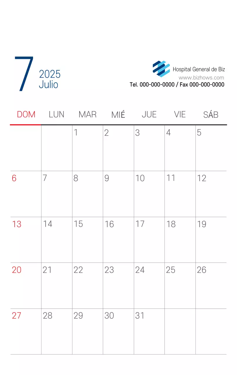 Calendario promocional Hospital Navy White Simple